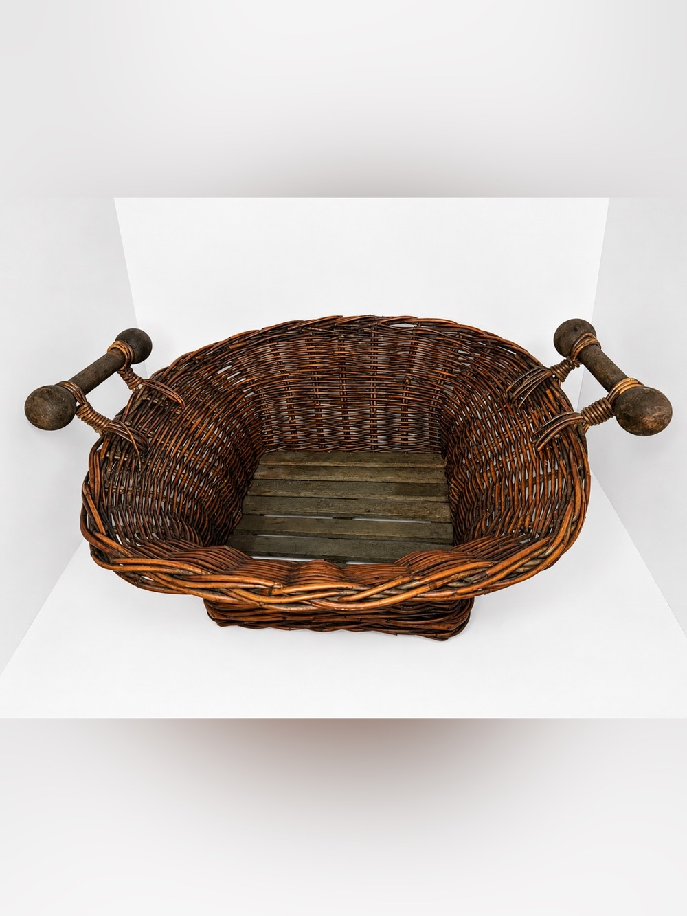 Large Wicker Willow Basket Turned Wood Handles Slat Bottom Rustic Farmhouse